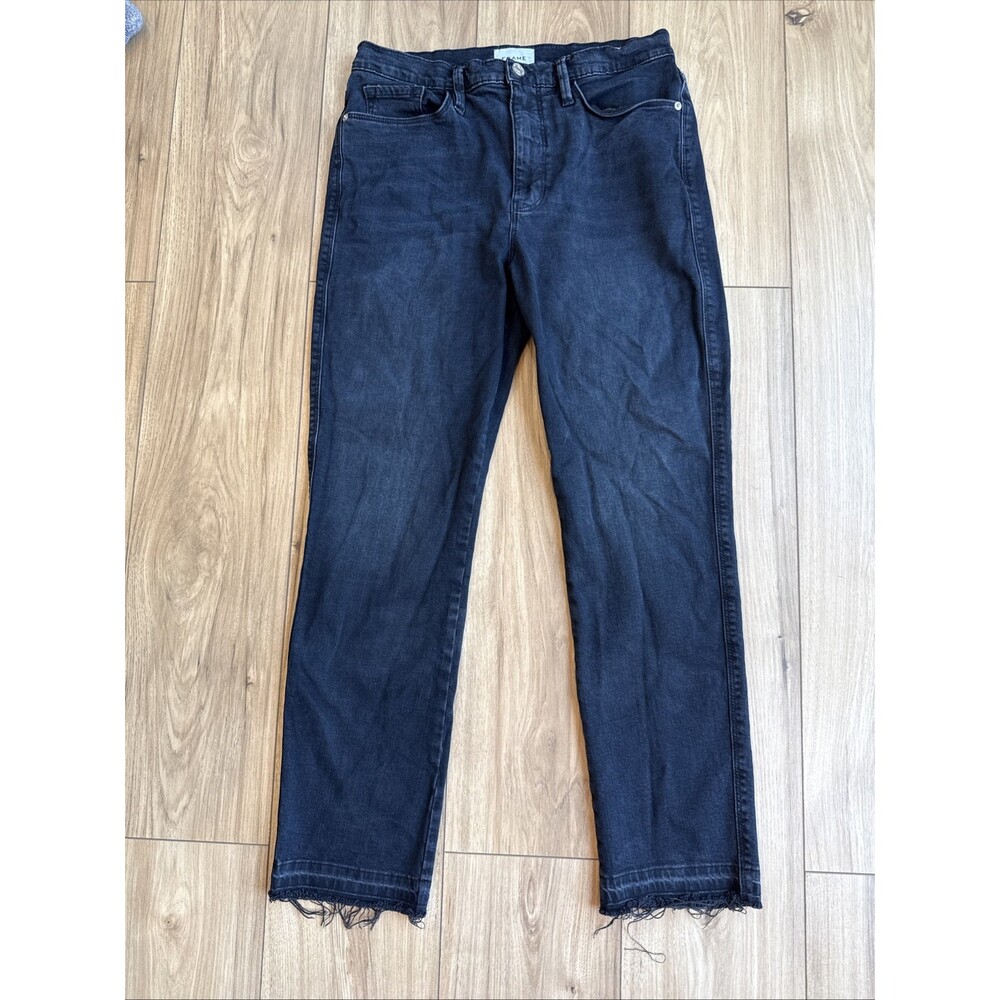 FRAME Le Sylvie Slender Straight Jeans Black Wash Women Size 31x28 Frayed Hem